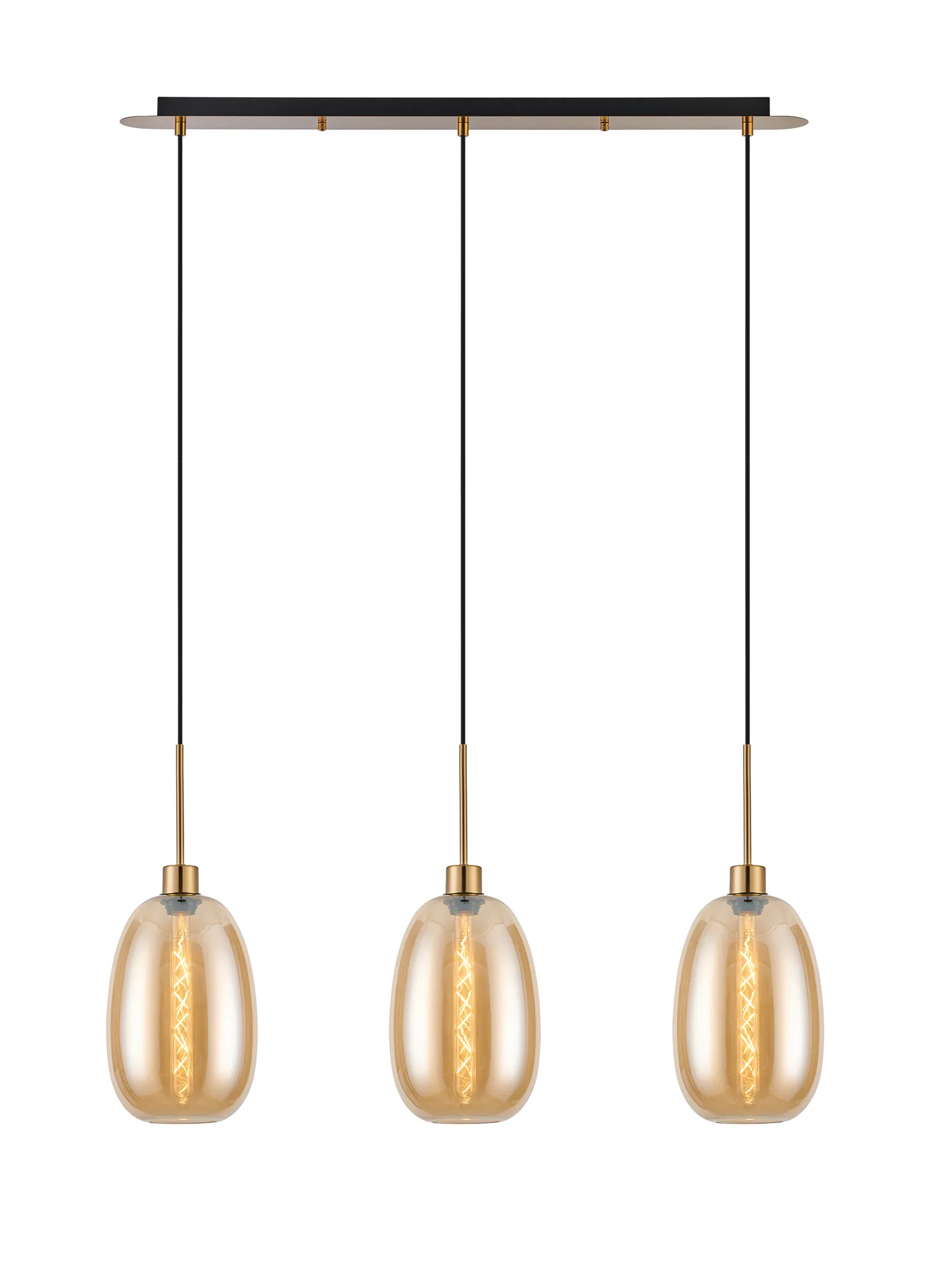 DK1204  Lori Linear Pendant, 3 Light Adjustable E27, Antique Gold/Amber Slim Curved Trapezium Shades